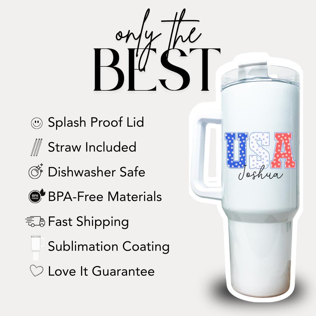 USA Name Personalized Tumbler 40oz USA Travel Mug with Handle & Straw Patriotic Gift for Him or Her Fourth of July Travel Coffee Tumbler