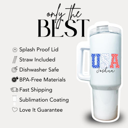 USA Name Personalized Tumbler 40oz USA Travel Mug with Handle & Straw Patriotic Gift for Him or Her Fourth of July Travel Coffee Tumbler