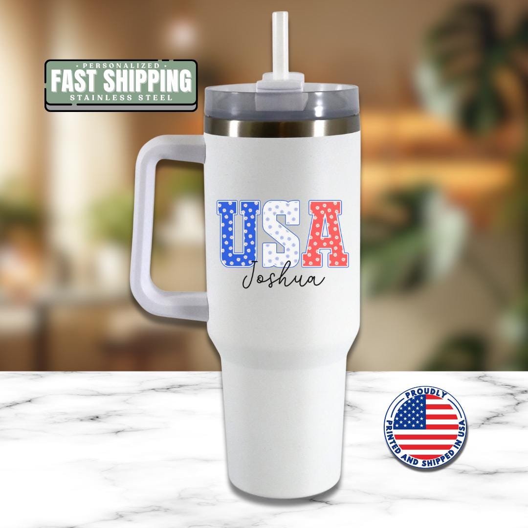 USA Name Personalized Tumbler 40oz USA Travel Mug with Handle & Straw Patriotic Gift for Him or Her Fourth of July Travel Coffee Tumbler