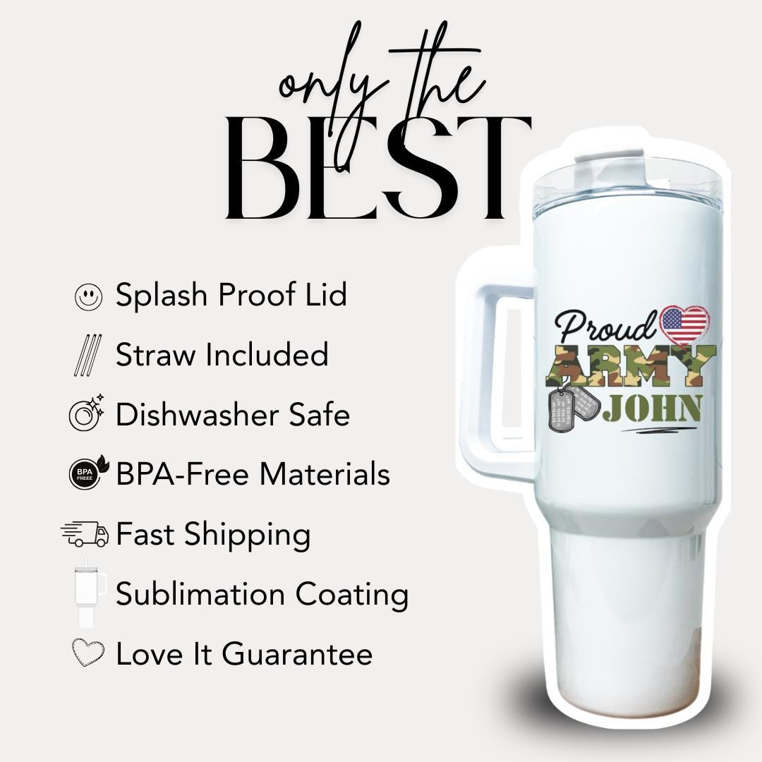 Personalized Proud Army Dad Tumbler 40 oz Military Support Gift with Handle & Straw Custom Name Travel Mug Patriotic Veteran Gift for Family