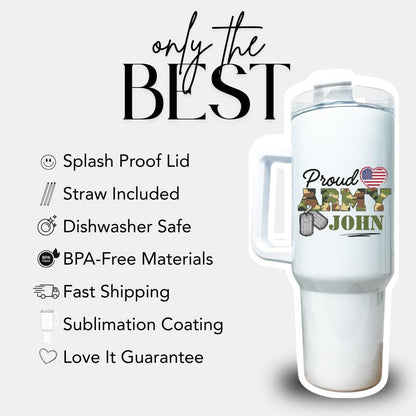 Personalized Proud Army Dad Tumbler 40 oz Military Support Gift with Handle & Straw Custom Name Travel Mug Patriotic Veteran Gift for Family