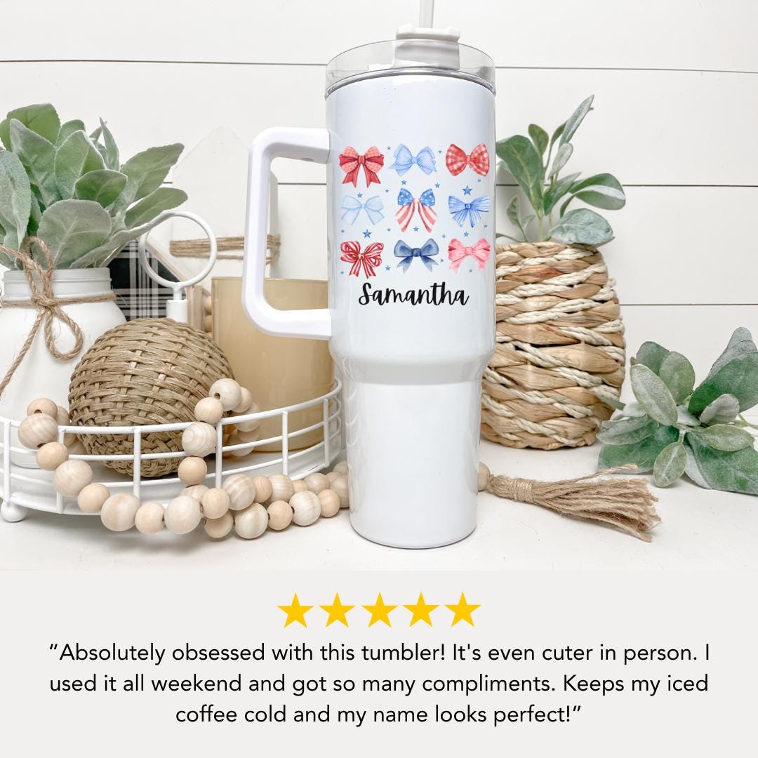 Patriotic Bows Tumbler Custom Name 40 oz Cup Gift with Handle & Straw Cute 4th of July Gift for Women, Girls, Teens Iced Coffee Travel Cup