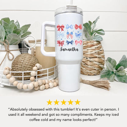 Patriotic Bows Tumbler Custom Name 40 oz Cup Gift with Handle & Straw Cute 4th of July Gift for Women, Girls, Teens Iced Coffee Travel Cup