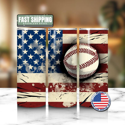 US Baseball American Flag Tumbler 20oz Skinny Tumbler Patriotic Sports Gift for Baseball Fan Coaches Dads or Moms Patriotic Baseball Tumbler