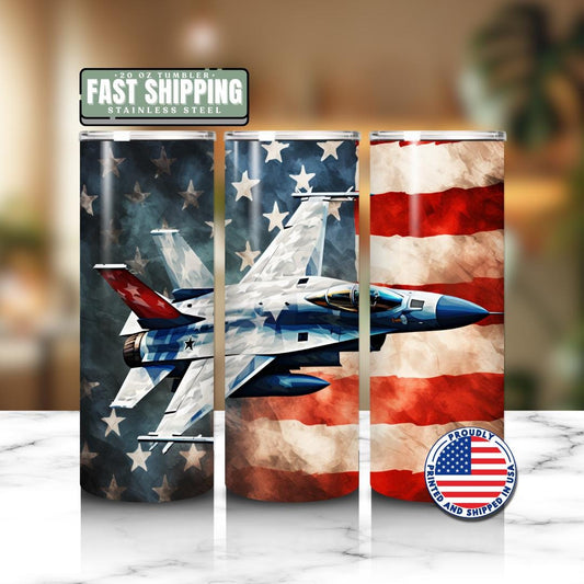 US Fighter Jet Tumbler 20oz Skinny Tumbler American Flag Patriotic Gift for Veterans Air Force American Jet Coffee Mug Gift for Military Dad
