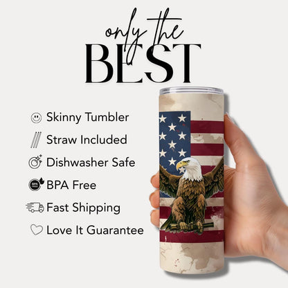 Patriotic US Bald Eagle Tumbler 20oz Skinny Tumbler American Flag Wildlife Drinkware Veteran Gift for Him Military Tumbler 4th of July Cup
