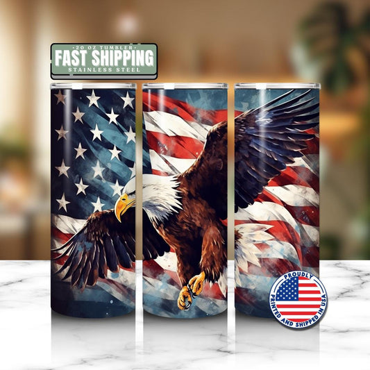Patriotic US Bald Eagle Tumbler 20oz Skinny Tumbler American Flag Wildlife Drinkware Veteran Gift for Him Military Tumbler 4th of July Cup
