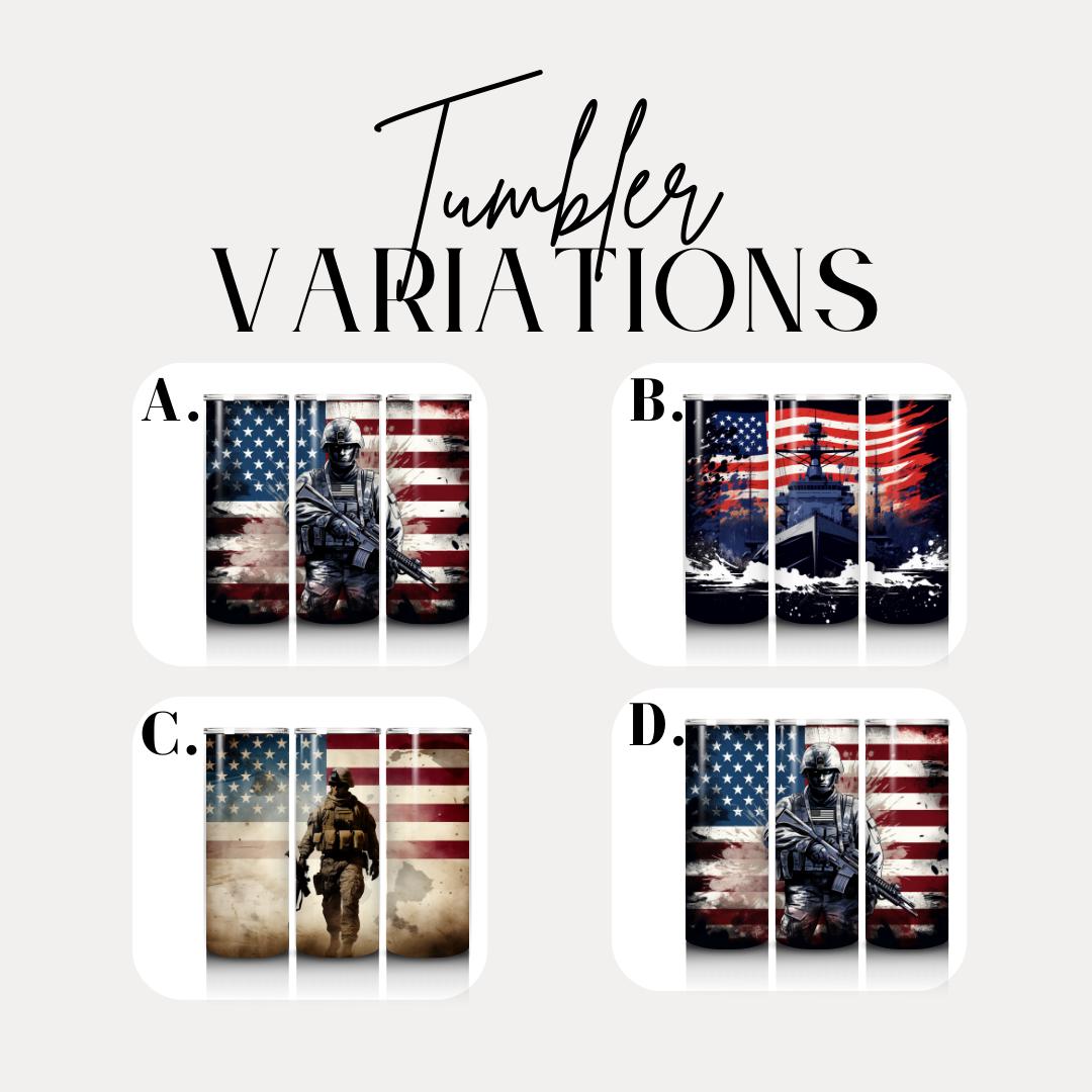 Military Tumbler 20oz Skinny Tumbler American Flag Soldier Design Patriotic Cup Army Navy Air Force Marines USA Hero Drinkware Memorial Day