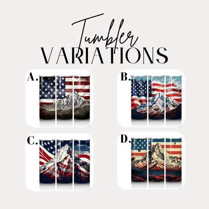 US Patriotic Mountain Tumbler 20oz Skinny Tumbler American Pride Tumbler Veteran Gift Outdoor Drinkware Gift for Veteran 4th of July Gift