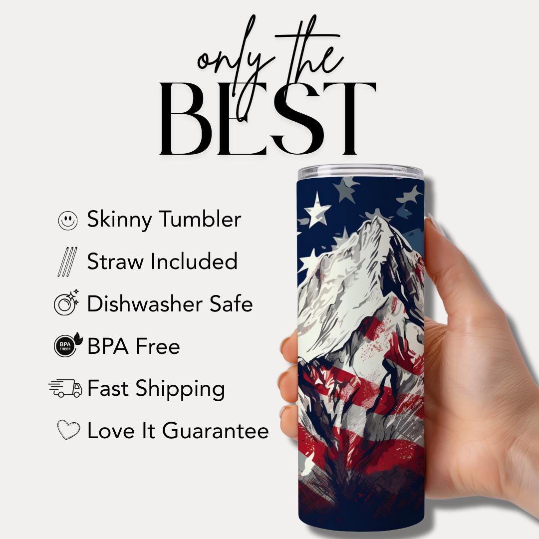 US Patriotic Mountain Tumbler 20oz Skinny Tumbler American Pride Tumbler Veteran Gift Outdoor Drinkware Gift for Veteran 4th of July Gift