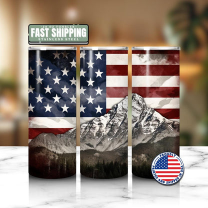 US Patriotic Mountain Tumbler 20oz Skinny Tumbler American Pride Tumbler Veteran Gift Outdoor Drinkware Gift for Veteran 4th of July Gift