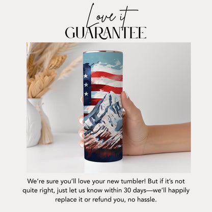 US Patriotic Mountain Tumbler 20oz Skinny Tumbler American Pride Tumbler Veteran Gift Outdoor Drinkware Gift for Veteran 4th of July Gift