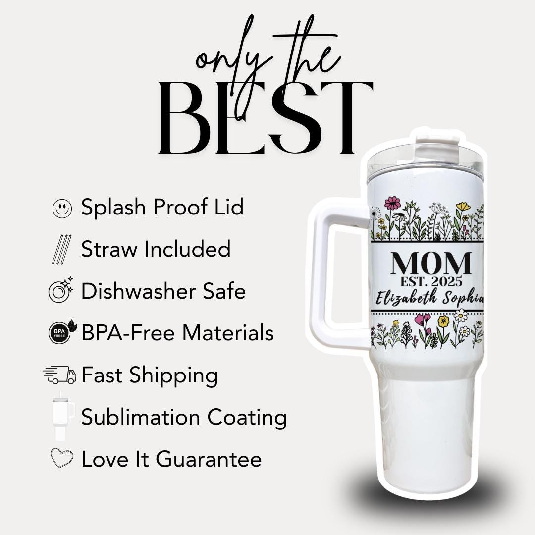 Personalized Mom 40oz Tumbler with Straw Personalized with Kids’ Names Floral Gift for Mommy Mom Travel Coffee Cup Tumbler for Mom Gift