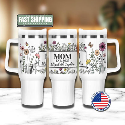 Personalized Mom 40oz Tumbler with Straw Personalized with Kids’ Names Floral Gift for Mommy Mom Travel Coffee Cup Tumbler for Mom Gift