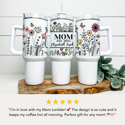 Personalized Mom 40oz Tumbler with Straw Personalized with Kids’ Names Floral Gift for Mommy Mom Travel Coffee Cup Tumbler for Mom Gift