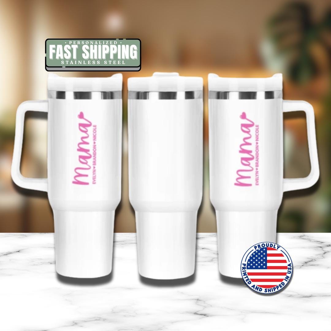 Personalized Mama 40oz Tumbler with Straw Personalized with Kids’ Names Hot Pink Tumbler for Mom Gift for Mommy Mama Travel Coffee Mug