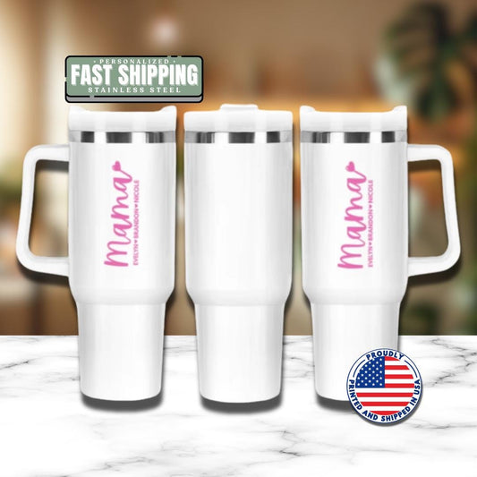 Personalized Mama 40oz Tumbler with Straw Personalized with Kids’ Names Hot Pink Tumbler for Mom Gift for Mommy Mama Travel Coffee Mug