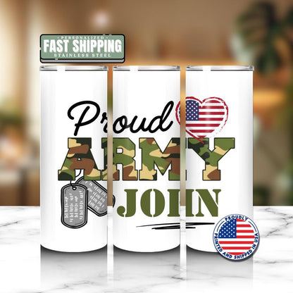 Personalized Proud Army Tumbler Custom Name Camo Cup 20oz Skinny Tumbler Travel Mug Military Gift for Him or Her Army Camo Cup for Veterans