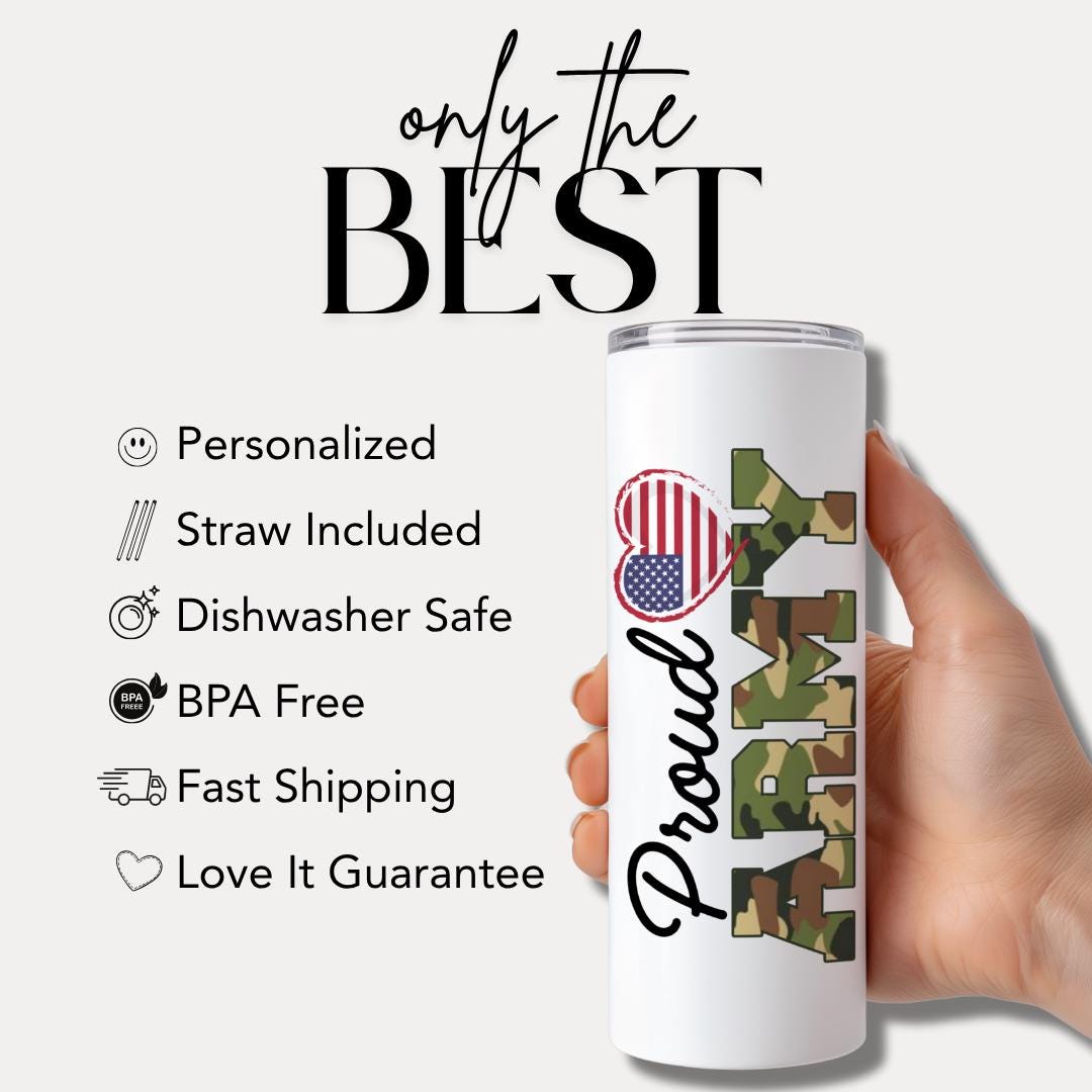 Personalized Proud Army Tumbler Custom Name Camo Cup 20oz Skinny Tumbler Travel Mug Military Gift for Him or Her Army Camo Cup for Veterans