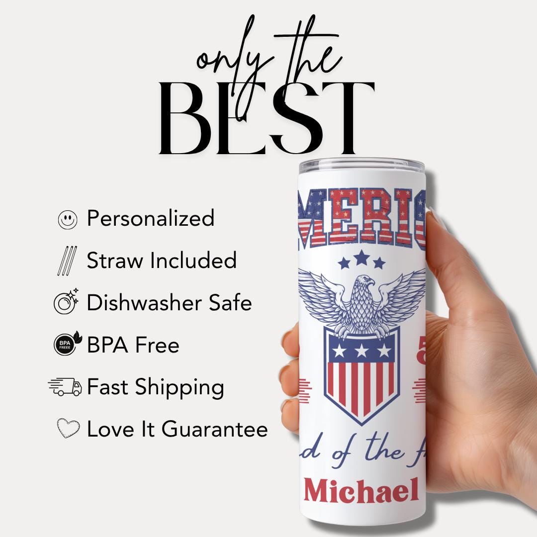 Personalized America Land of the Free Tumbler 20 oz Skinny Coffee Cup Custom Name Gift Travel Mug Patriotic Gift Cup Military Name Tumbler