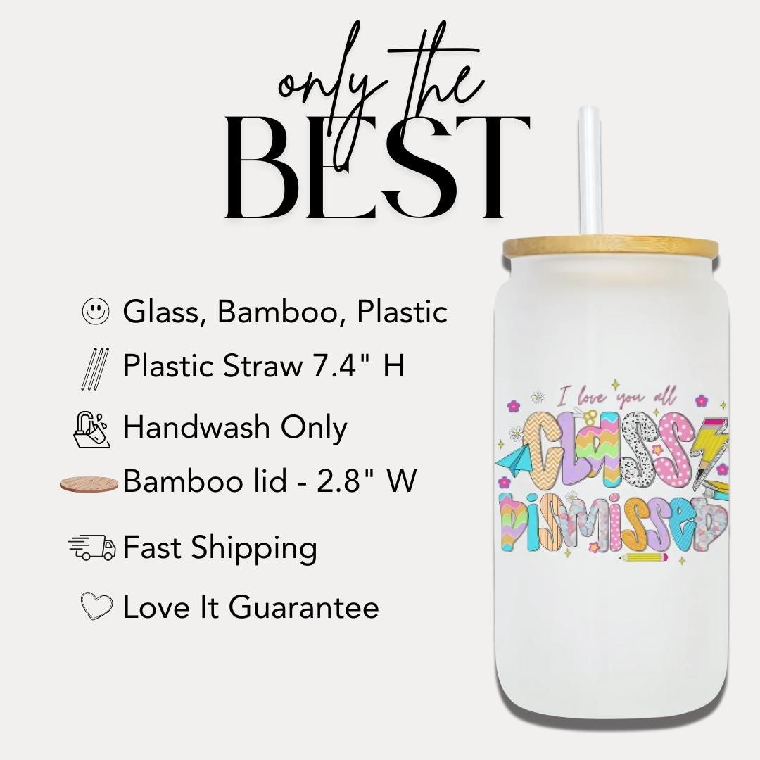 16 oz Frosted Glass Teacher with Bamboo Lid & Straw Cute Retro Teacher Gift Teacher Appreciation Gift Drinkware for Teacher Gift for Her