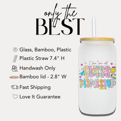16 oz Frosted Glass Teacher with Bamboo Lid & Straw Cute Retro Teacher Gift Teacher Appreciation Gift Drinkware for Teacher Gift for Her