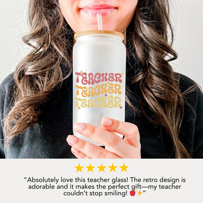 16 oz Frosted Glass Teacher with Bamboo Lid & Straw Cute Retro Teacher Gift Teacher Appreciation Gift Drinkware for Teacher Gift for Her