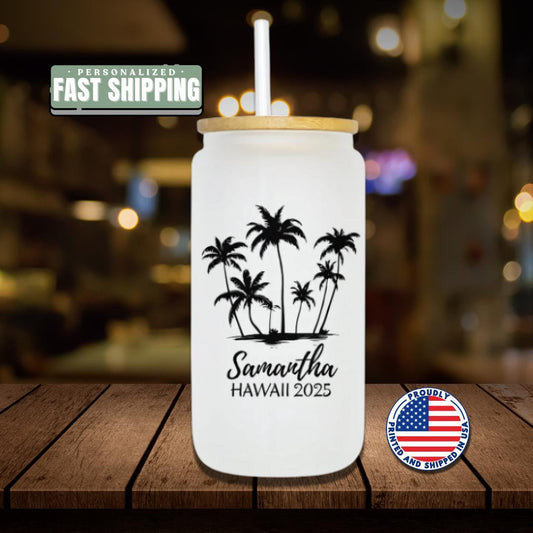 Personalized Island Vibes Frosted Glass Tumbler 16oz Coffee Cup Custom Beach Design Perfect for Summer Vacation Tropical Vibes