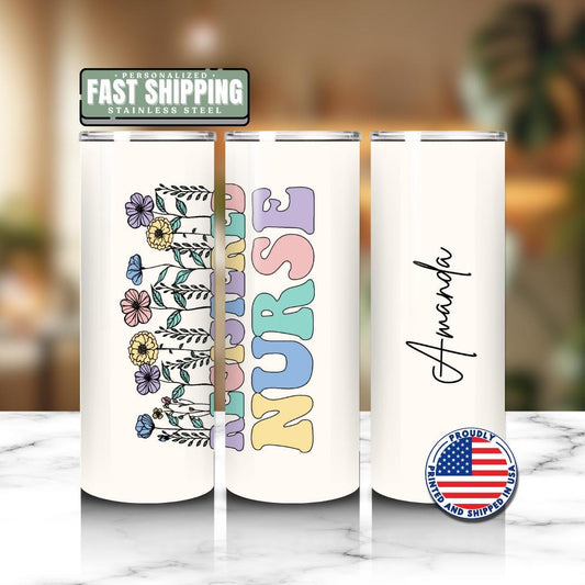 Personalized Registered Nurse 20 oz Skinny Tumbler with Straw Custom Name Cup for Nurse Cute Nurse Appreciation Gift Nurse Coffee Travel Mug