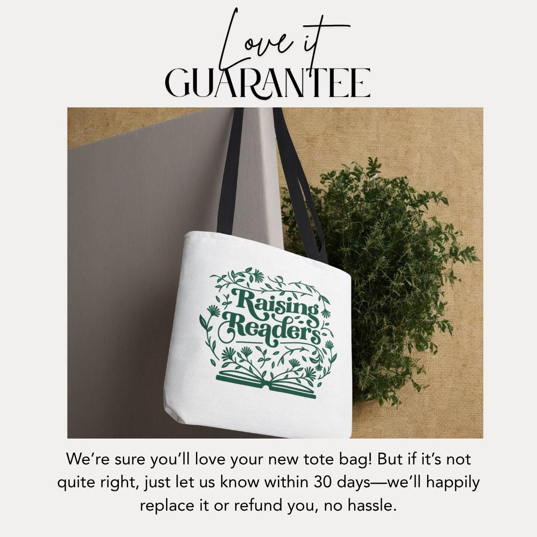 Raising Readers Book Tote Bag 18"x18" Cute Reading Design with Leaves Daily Use Tote for Bookworm Tote Bag Gift Bag for Readers Shopping Bag