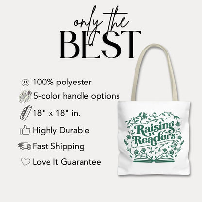 Raising Readers Book Tote Bag 18"x18" Cute Reading Design with Leaves Daily Use Tote for Bookworm Tote Bag Gift Bag for Readers Shopping Bag