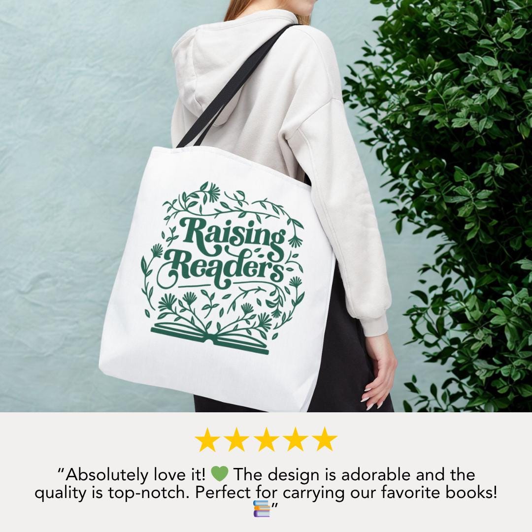 Raising Readers Book Tote Bag 18"x18" Cute Reading Design with Leaves Daily Use Tote for Bookworm Tote Bag Gift Bag for Readers Shopping Bag
