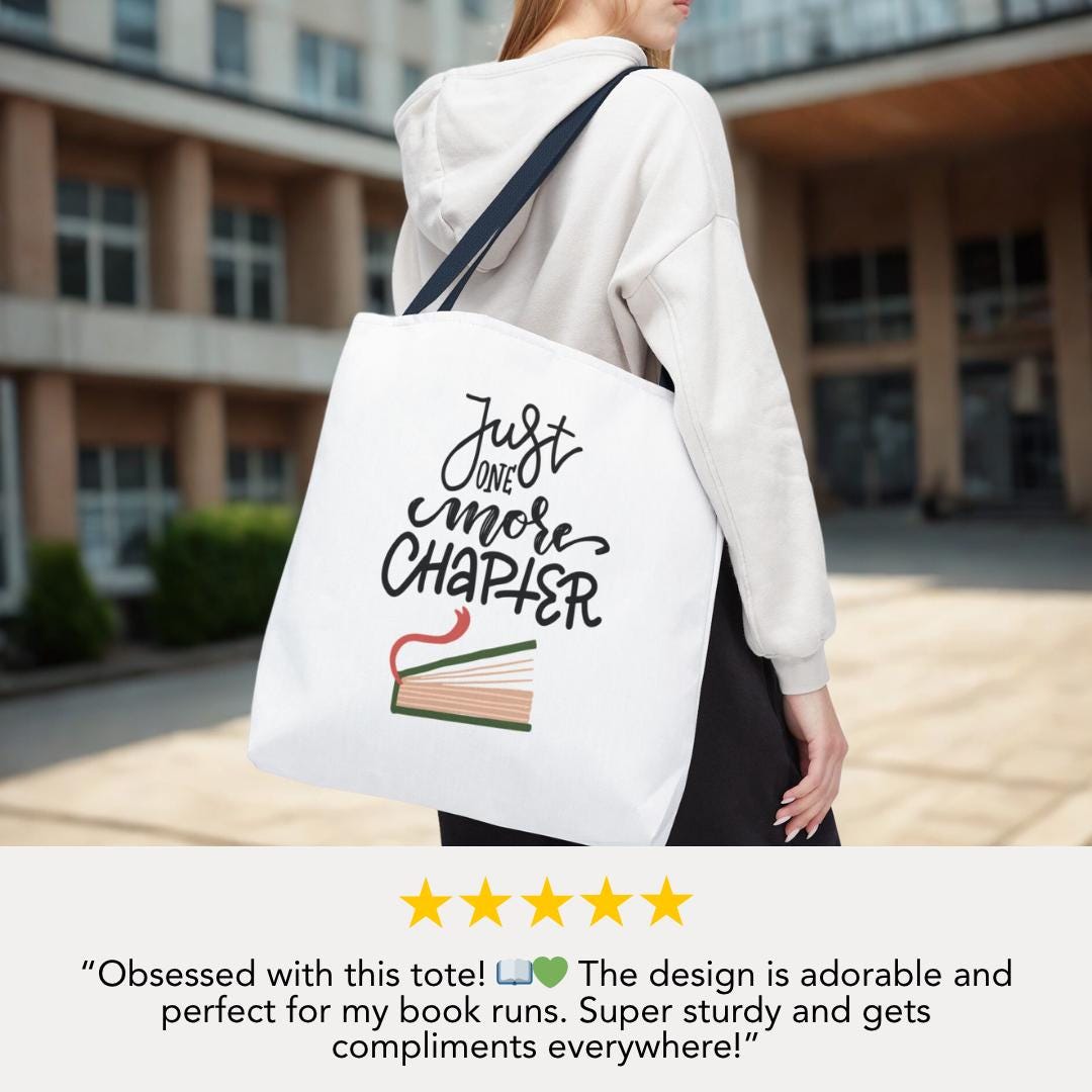 Just One More Chapter Tote Bag 18"x18" Reading Bag for Bookworms Book Club Library Tote Everyda Casual Book Bag Book Haul Bag for Women