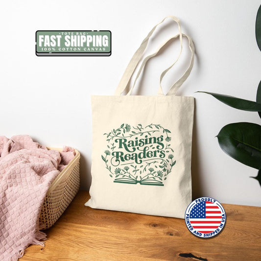 Eco-Friendly Cotton Tote Bag - "Raising Readers" Design for Book Lovers, Gifts for Teachers, Reading Enthusiasts, Library Bags, Cute Tote