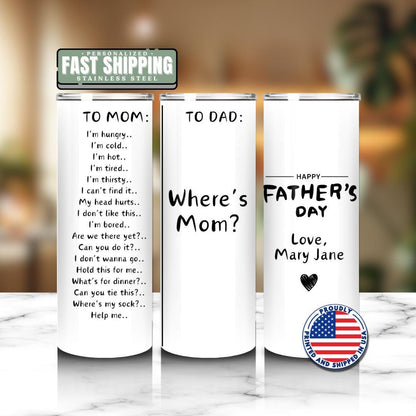 Funny Mom vs Dad Tumbler 20 oz Tumbler Personalized Father's Day Gift Cup with Straw Gift for Birthday Travel Mug for Dads Coffee Cup