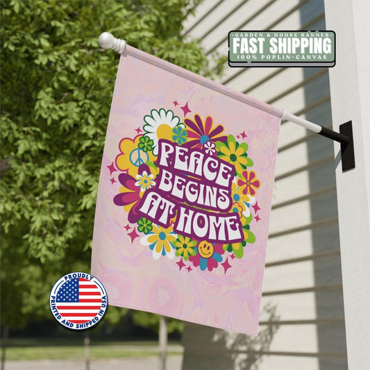 Colorful Garden Banner Peace Begins at Home Decoration Floral Wall Hanging Outdoor Decor Spring Home Accent House Summer Welcome Banner