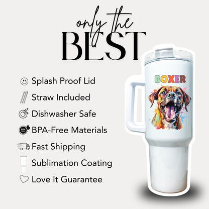 Boxer Dog Tumbler with Colorful Watercolor Dog Design 40oz Tumbler with Handle & Straw Boxer Pet Memorial Cup Gift for Boxer Mom Boxer Dad