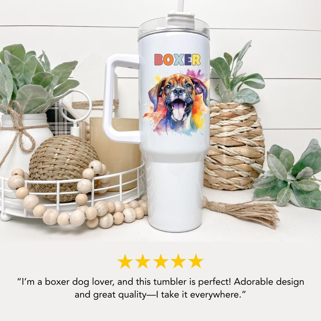 Boxer Dog Tumbler with Colorful Watercolor Dog Design 40oz Tumbler with Handle & Straw Boxer Pet Memorial Cup Gift for Boxer Mom Boxer Dad