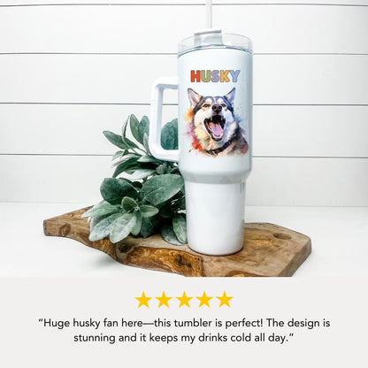 Husky Dog Tumbler with Colorful Watercolor Dog Design 40oz Tumbler with Handle & Straw Husky Pet Memorial Cup Gift for Boxer Mom Boxer Dad