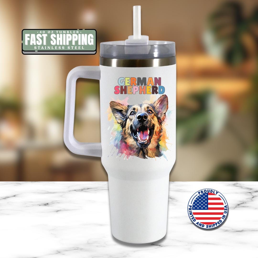 German Shepherd Dog Tumbler with Colorful Watercolor Dog Design 40oz Tumbler with Handle & Straw GSD Pet Memorial Cup Gift for GSD Lovers