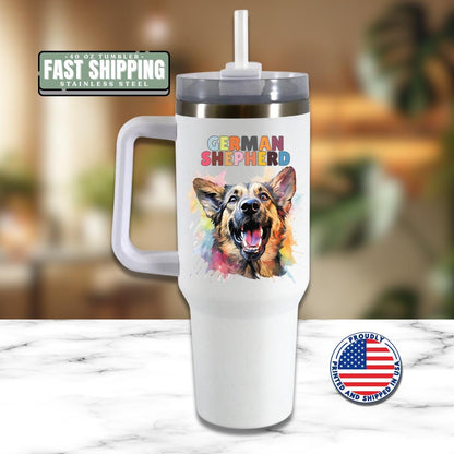 German Shepherd Dog Tumbler with Colorful Watercolor Dog Design 40oz Tumbler with Handle & Straw GSD Pet Memorial Cup Gift for GSD Lovers