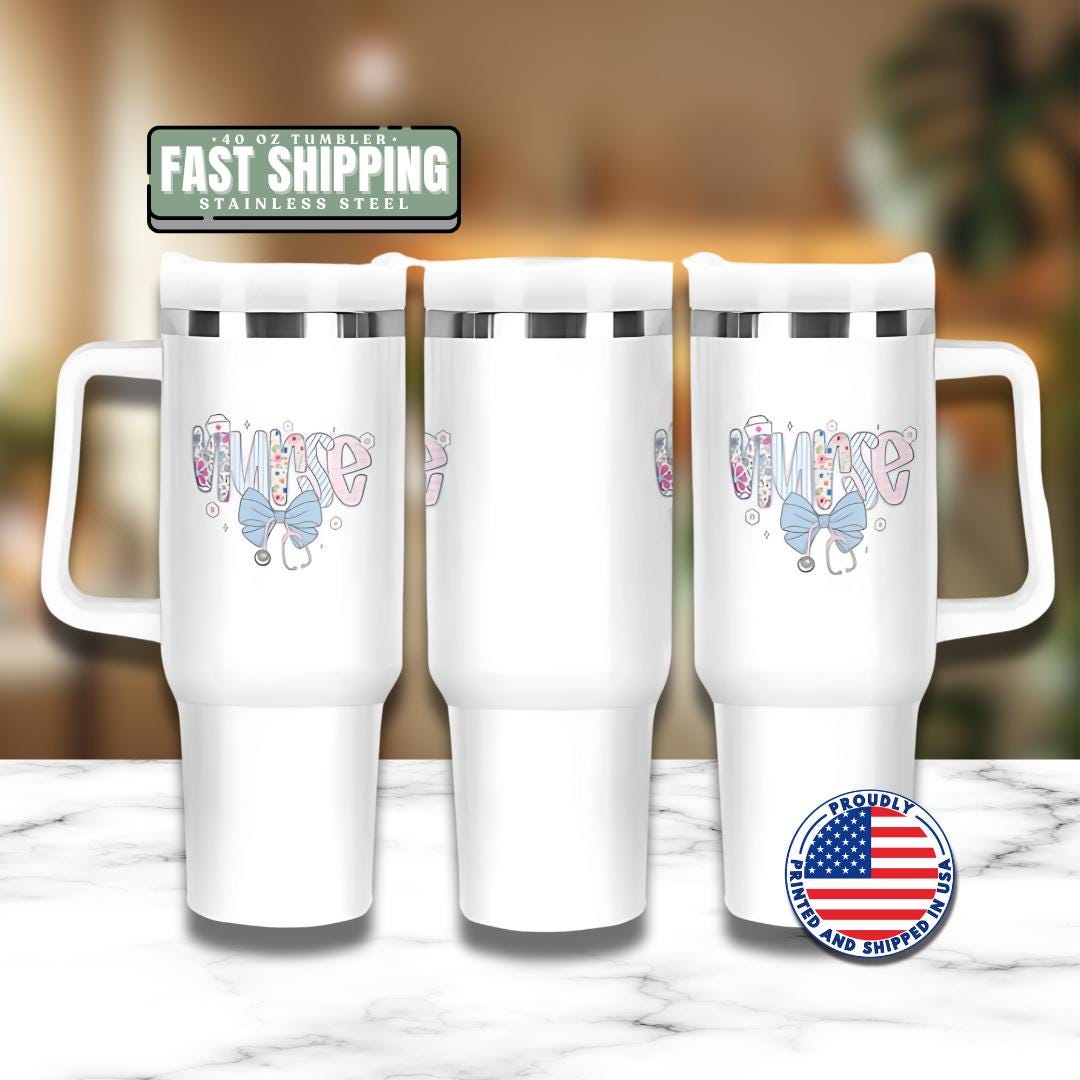 Nurse 40 oz Tumbler With Handle & Straw 40oz Floral Stethoscope Cup for RN, LPN, CNA Gift for Nurse Appreciation Nurse Travel Cup for Nurses