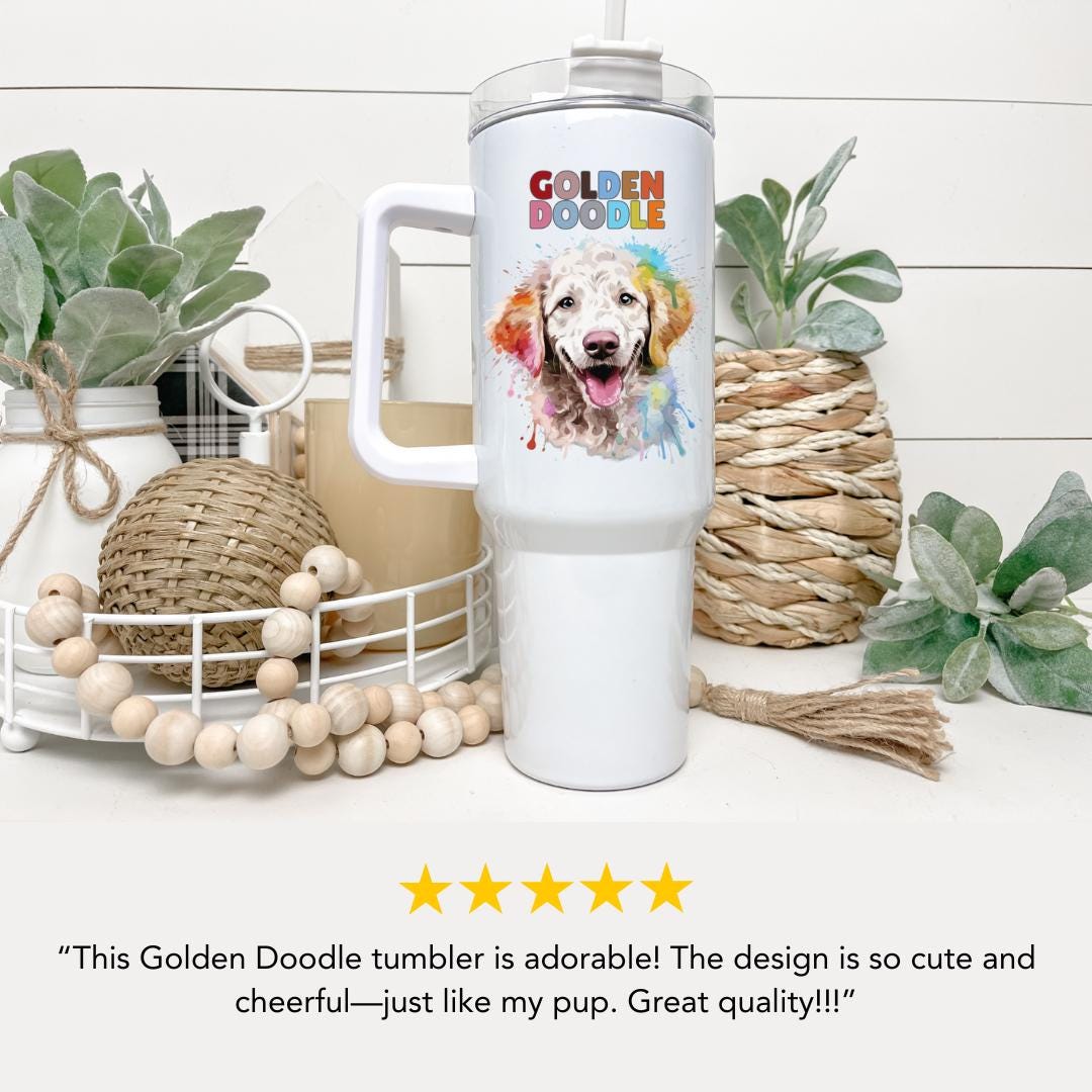 Golden Doodle Dog Tumbler with Colorful Watercolor Dog Design 40oz Tumbler with Handle & Straw Golden Doodle Pet Cup Gift for Doodle Lovers