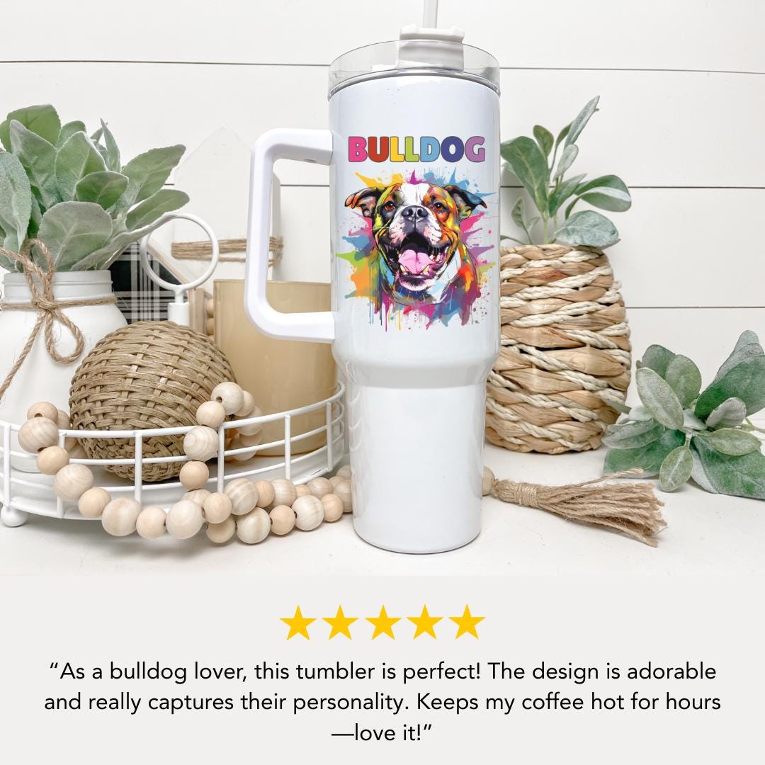 Bulldog Tumbler with Colorful Watercolor Dog Design 40oz Tumbler with Handle & Straw Bulldog Pet Travel Mug Gift for Mom Dad Bulldog Lovers