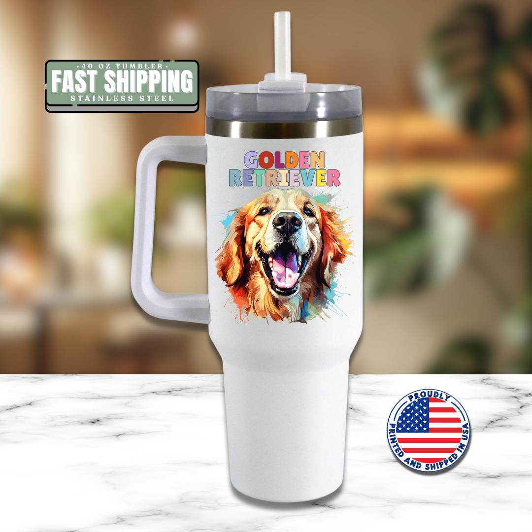 Golden Retriever Tumbler with Colorful Dog Design 40oz Tumbler with Handle & Straw Retriever Pet Travel Mug Gift for Mom Dad Retriever Lover