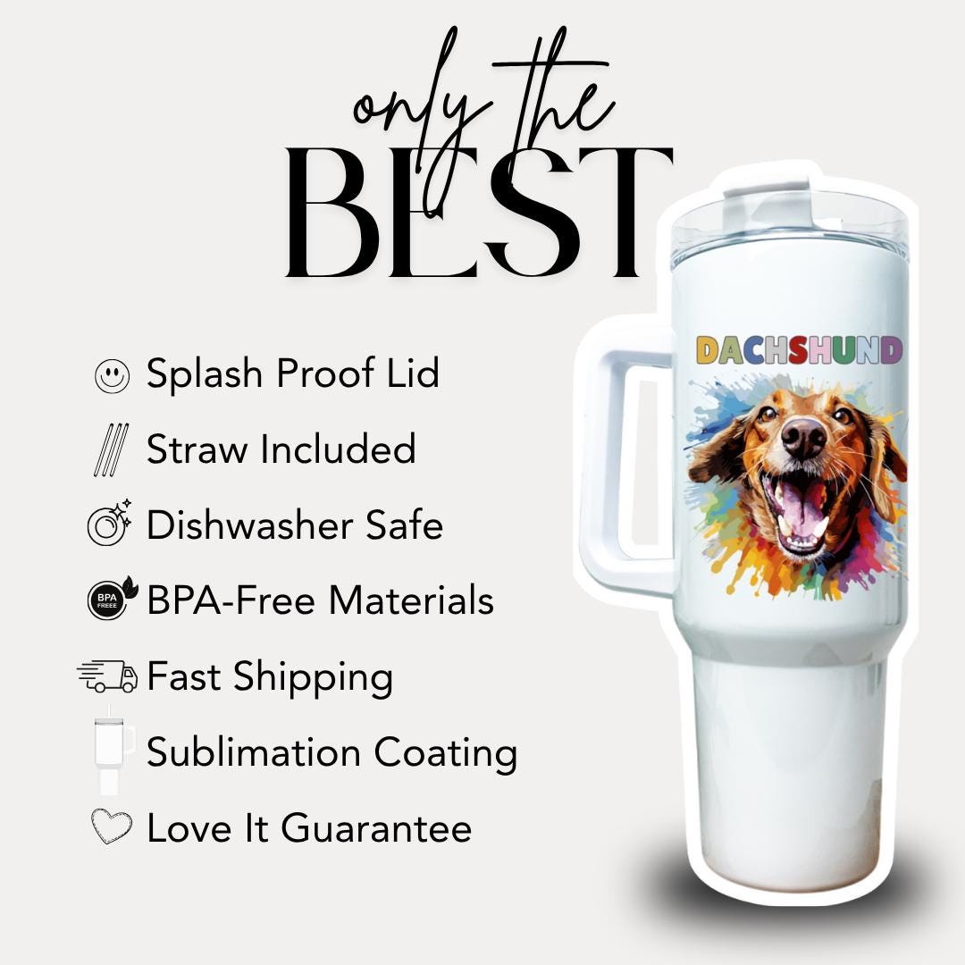 Dachshund Tumbler with Handle 40oz Travel Mug Colorful Dog Art with Handle & Straw Dachshund Pet Travel Mug Perfect Gift for Dog Lovers