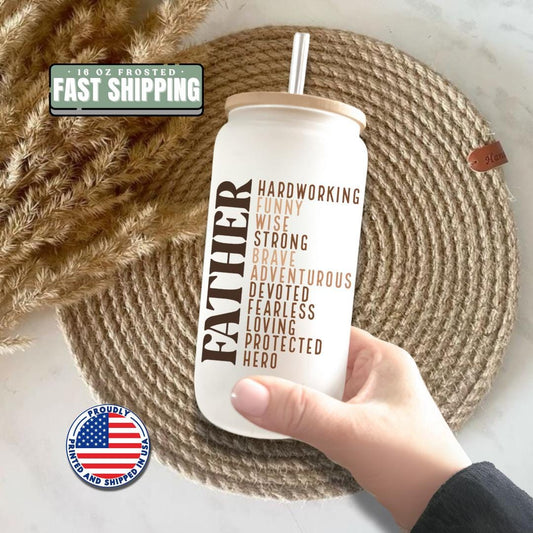 Father Frosted Glass Cup 16 oz Iced Coffee Tumbler with Bamboo Lid & Straw Hero Dad Gift Retro Father’s Day Glass Can Cool Dad Mug