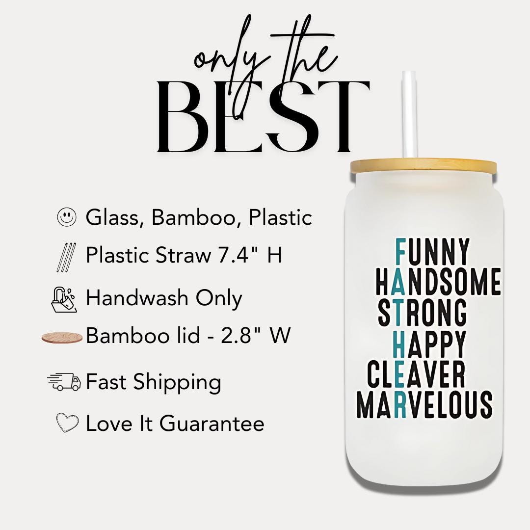 Funny Father Glass Cup 16 oz Frosted Glass with Bamboo Lid & Straw Father's Day Gift Cool Dad Mug Gift for Husband or Dad