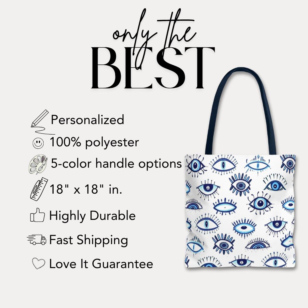 Bold Blue Evil Eye Pattern Large Tote Bag for Travel Market Books Beach or Daily Use Greek Inspired All-Seeing Eye Print Gift for Friends