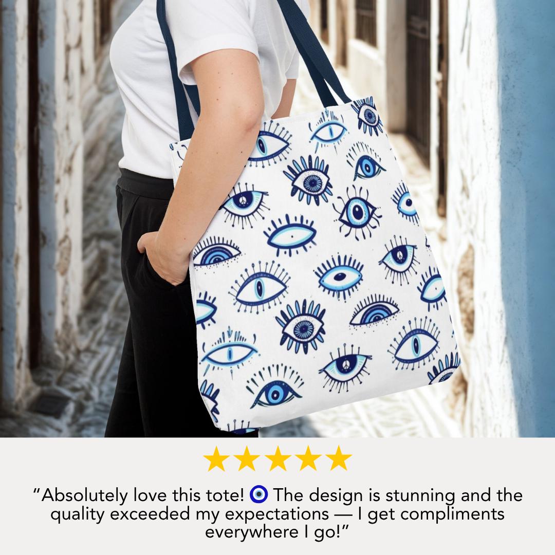 Bold Blue Evil Eye Pattern Large Tote Bag for Travel Market Books Beach or Daily Use Greek Inspired All-Seeing Eye Print Gift for Friends